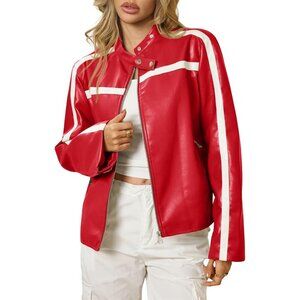 Women's Red Faux Leather Bomber Jackets Zip Up Color Block Moto Biker Jacket